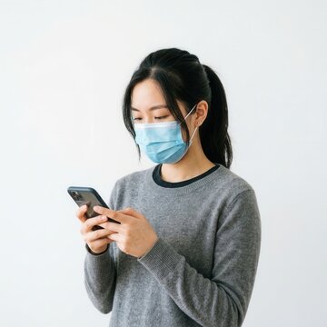 Young Woman Wearing Face Mask Browsing Smartphone Content