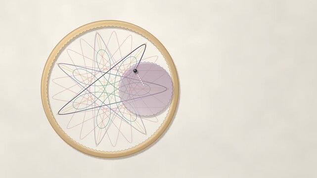 Hypotrochoid rosette drawn on paper by a toothed ring and gear wheel, pen laying fresh blue ink over pastel curves, seamless geometric loop