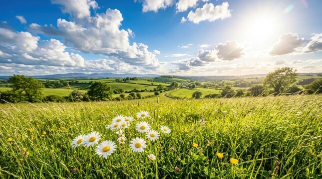 m Sunlit spring meadow with white daisies, rolling green hills under a bright blue sky, idyllic rural landscape at sunrise