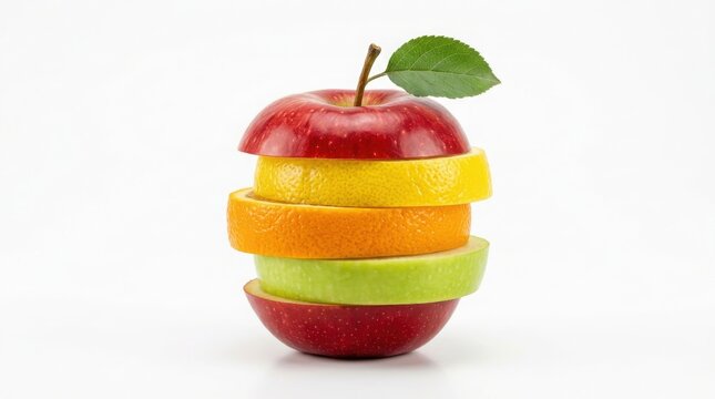 m Fresh fruit slices stacked in apple shape, colorful mixed fruit layers on white background, healthy nutrition concept