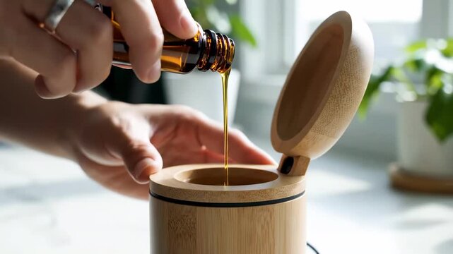 In a peaceful, sunlit kitchen, a hand delicately pours golden essential oil into a charming bamboo container. Fresh greenery surrounds, creating a soothing, organic vibe full of life and wellness.