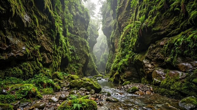 Lush Green Mossy Canyon with Waterfall Stream
