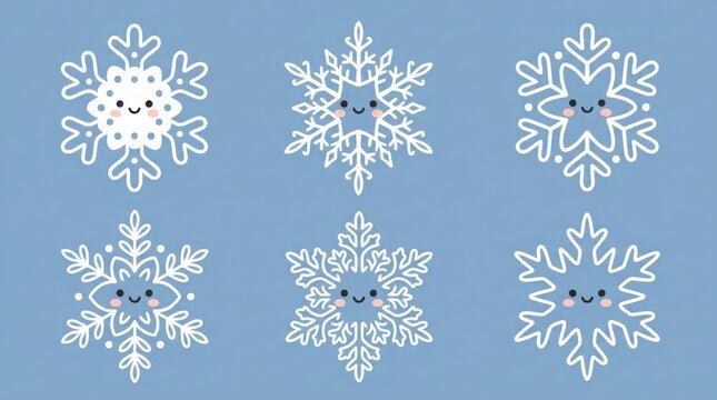  Kawaii snowflake collection with cute faces, set of 6 white winter ice crystals on blue background, festive holiday character icons