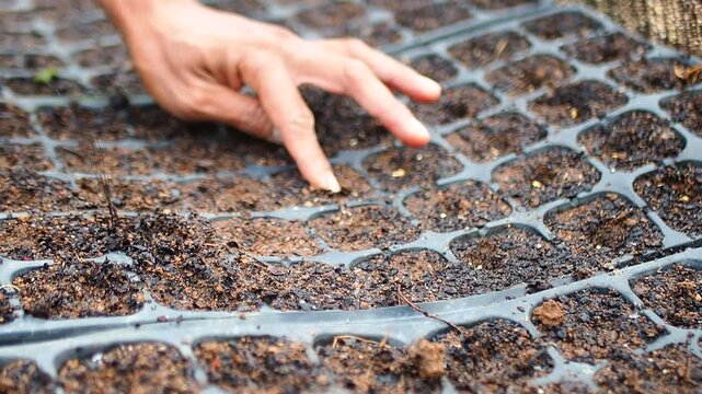Close-up of hand planting small seeds into a black seedling tray filled with soil, preparing for plant growth.