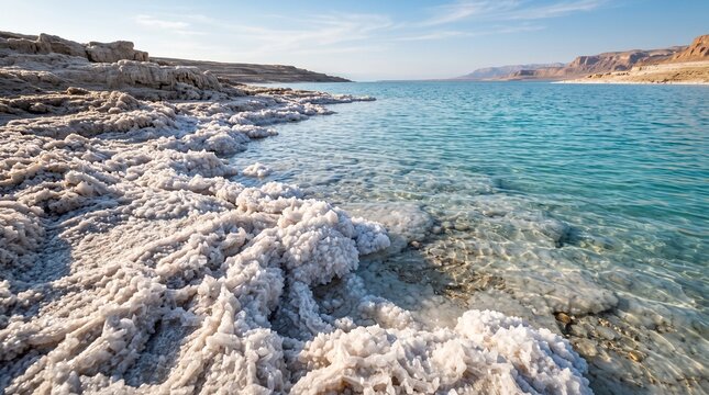 White Salt Crystal Formations Along Ocean Shoreline