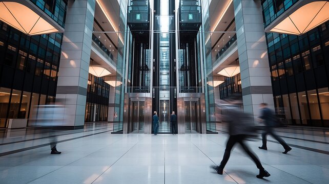 A busy lobby area showcasing blurred figures walking past glass elevators, conveying a sense of motion and modern architecture in an urban environment.