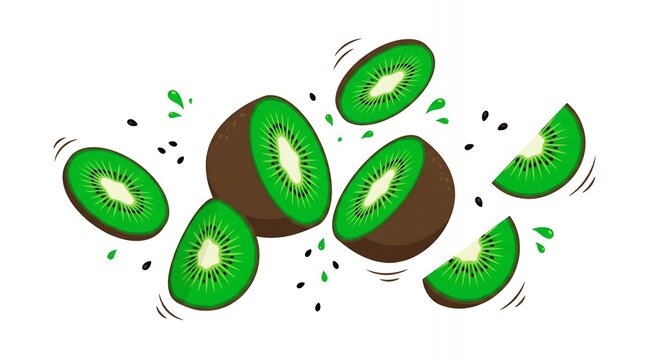 Dynamic Illustration of Fresh Kiwi Fruit Slices and Halves with Splashing Juice and Scattered Seeds