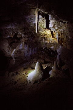 Im H&ouml;hleninneren der Drachenh&ouml;hle Syrau sind feuchte Felsw&auml;nde, ein langer Tropfstein und stalagmitische Formen im Schein einer Beleuchtung sichtbar.