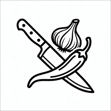 Minimalist kitchen knife icon with chili pepper and garlic, black line art culinary logo, chef cooking tools and ingredients