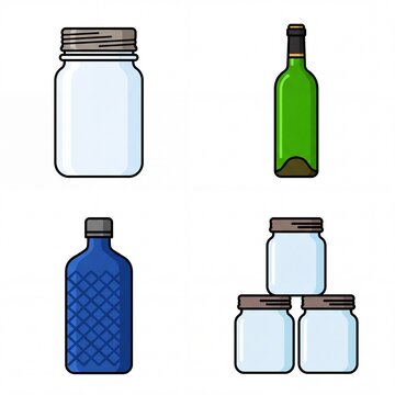 Glass jars and various bottles collection vector illustration set