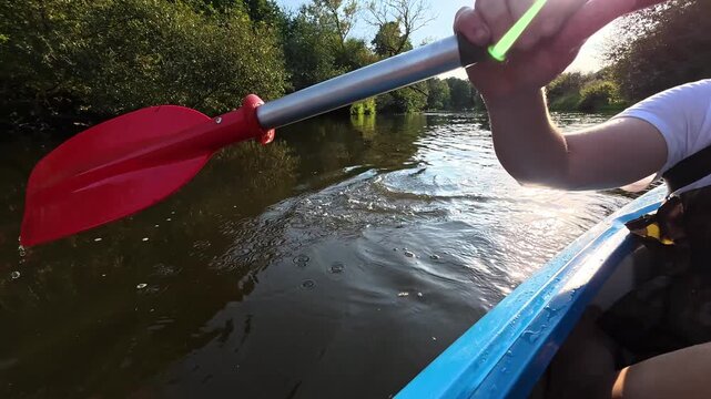 Person in a blue kayak touches the calm river water with their hand while paddling through a green forest. Outdoor adventure, active lifestyle, nature exploration. High quality 4k footage