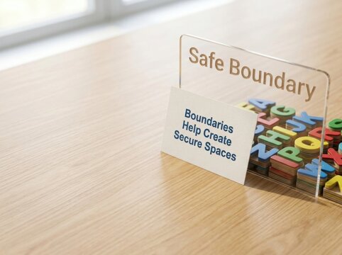 Acrylic plaque engraved with Safe Boundary and a white card stating Boundaries Help Create Secure Spaces placed on a wooden desk alongside colorful alphabet letters.