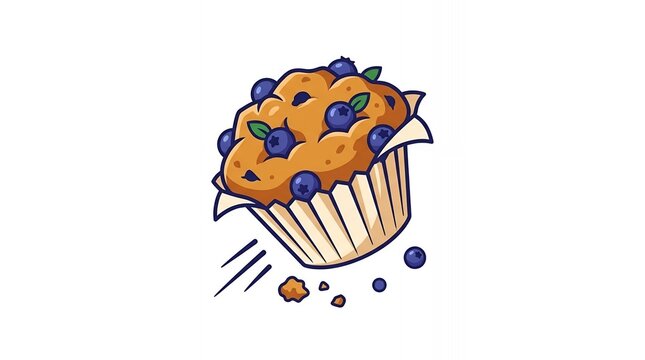Delicious Fresh Blueberry Muffin Cartoon Illustration with Flying Berries and Crumbs Isolated on White Background