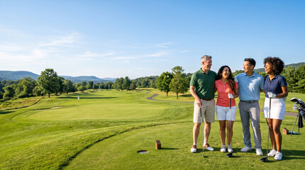 Obraz premium Diverse group of friends enjoying a round of golf on a sunny day