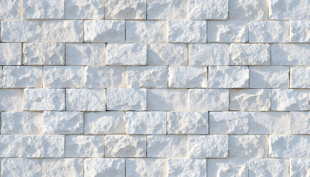 White rough stone brick wall texture background. Architectural cladding and masonry concept. Stacked rectangular limestone blocks forming a decorative facade surface