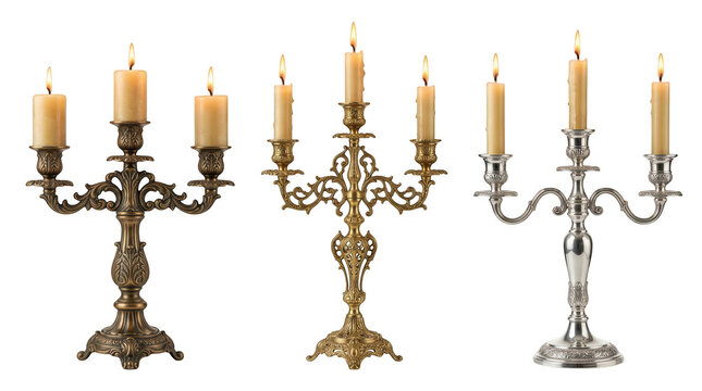 Three elegant ornate metal candelabras with lit candles isolated on transparent background