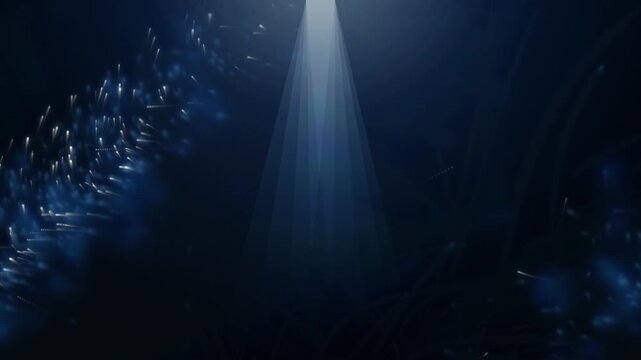 Mysterious deep blue abstract background with a bright light beam from above, illuminating swirling glowing particles and shimmering dust, creating an ethereal underwater or futuristic atmosphere