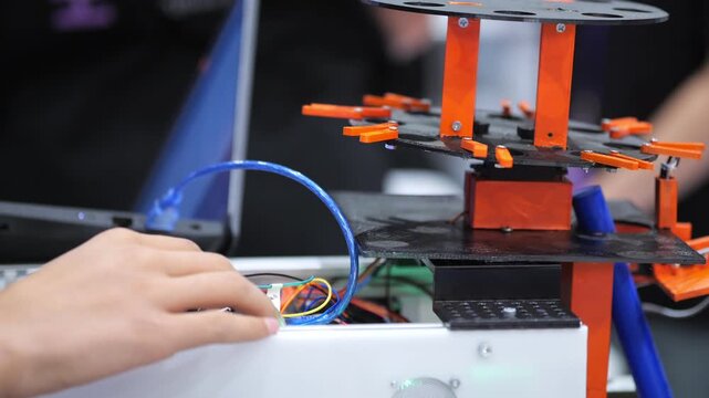 Hands assemble electronics near 3D printer. Orange mechanical parts are visible. Blue cable connects components. Person adjusts setup carefully. Tech-focused workspace with tools and wires