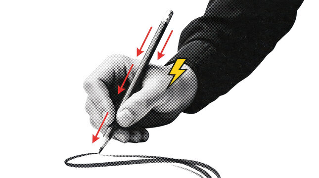Hand holding a pencil with red arrows and yellow lightning bolt in halftone style on white background