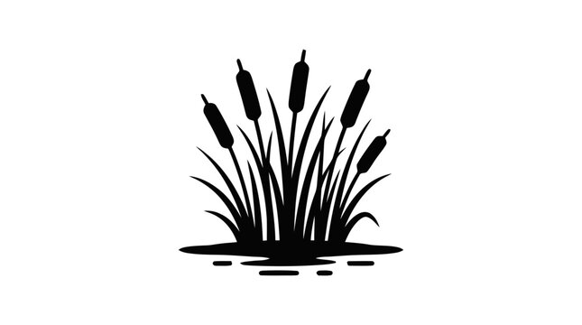 Vector illustration of cattails growing in water pond silhouette on a transparent background