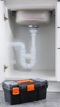 Black plastic toolbox sitting on floor in front of open under sink cabinet with white pvc drain pipes.