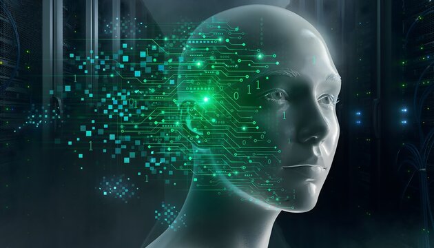 Glowing artificial intelligence translucent human head model dissolving into sparkling green digital network data particles.
