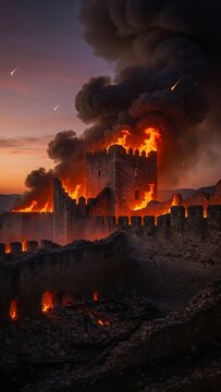 Ancient fortress stone walls and castle ramparts burning fiercely under dramatic smoky night sky.
