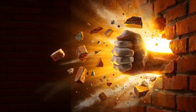 Powerful clenched fist punching and breaking through red brick wall with explosive golden light and flying debris fragments.