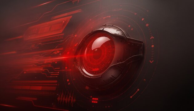 Glowing red cybernetic robotic eye with futuristic digital HUD interface panels and optical lens mechanism.