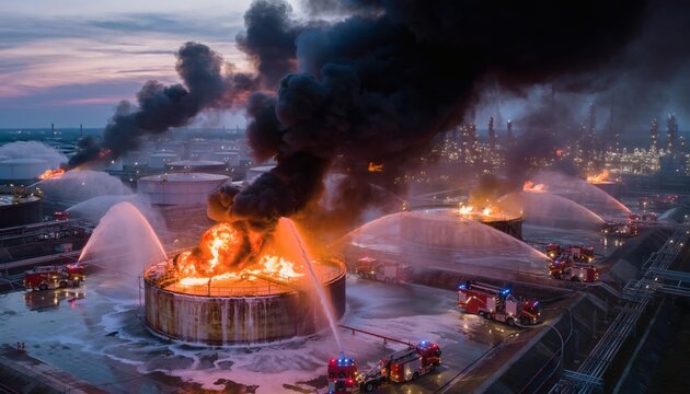 Catastrophic fire explosion at industrial oil refinery tank with thick black smoke and water cannons fighting flames.
