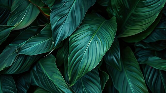 Abstract close-up of Spathiphyllum cannifolium leaves with lush green textures and intricate vein patterns, ideal for tropical nature backgrounds and organic botanical designs.