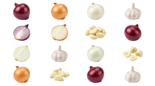 Fresh Red, Yellow, White Onions and Garlic Bulbs Isolated on White Background