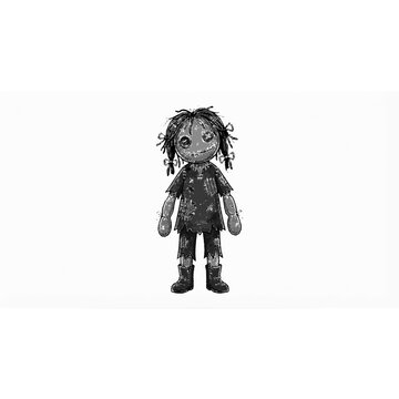 Black and white vector illustration of a creepy ragged voodoo doll with stitched features and tattered clothes
