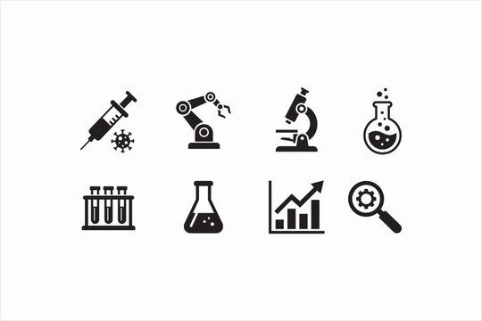 Science and laboratory icon set in solid black style. Vector illustration for research, biotechnology, medical lab, and experiment UI.