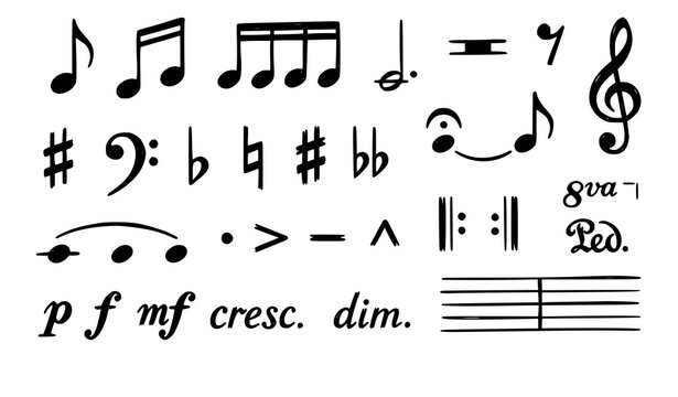 Complete hand drawn music symbol vector collection with notes rests clefs accidentals rhythm dynamics and notation marks