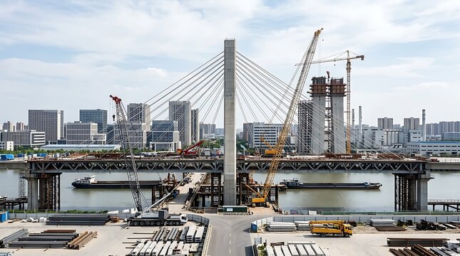 Cable-stayed bridge construction over river with urban skyline background
