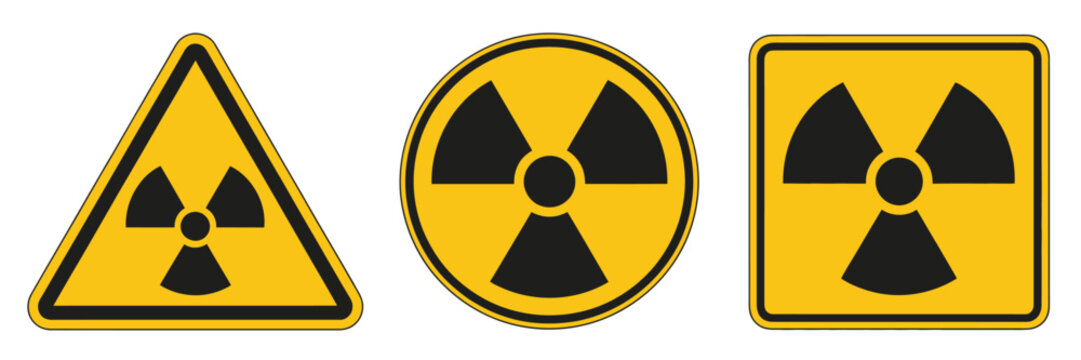 Radiation Warning Signs, Radioactive Hazard Symbol Yellow Badge Safety Label Sticker Logo Emblem Stamp Black Flat Vector