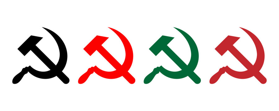 Four colorful hammer and sickle icons representing communism and socialist ideology