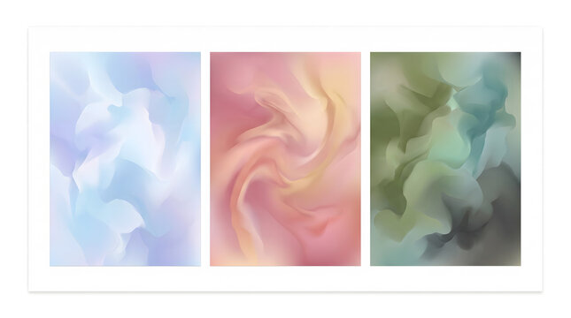 Soft abstract gradient background triptych. Pastel blue, warm pink peach, and dark green flowing liquid silk or smoke textures. Minimalist aesthetic digital illustration set for modern graphic design.