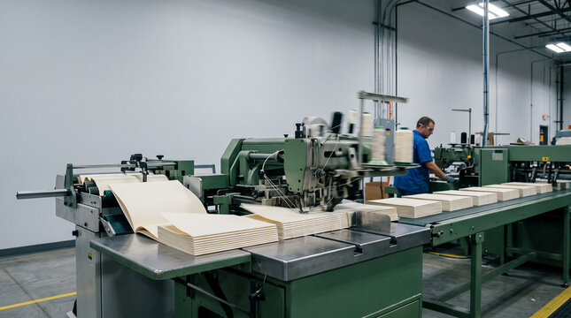 Industrial machine assembling stacks of paper products in a manufacturing facility