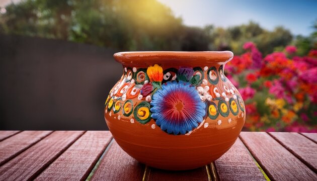 traditional mexican clay pot decorated with flowers