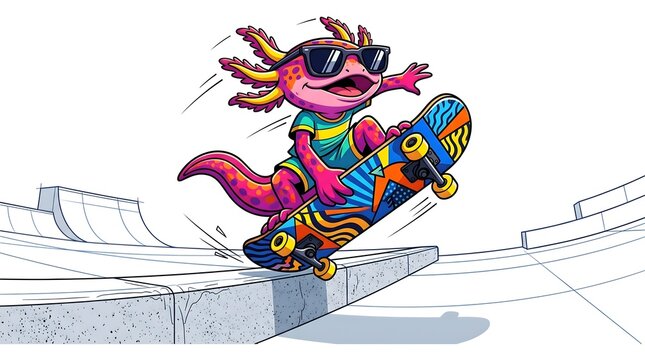 Cool axolotl vector character doing skateboard tricks in skatepark