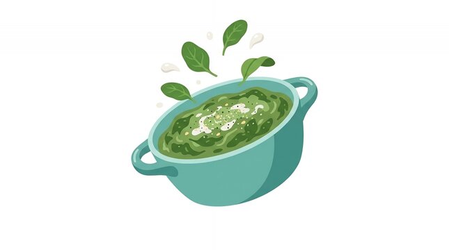 Healthy Green Spinach Soup Illustration in a Turquoise Ceramic Pot with Fresh Falling Leaves and Cream Splashes
