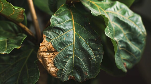 Close-up of withered Fiddle Leaf Fig leaves with brown dry spots caused by improper care, dehydration, or plant disease.
