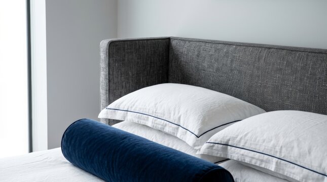 A gray upholstered headboard with white pillows and a navy velvet bolster cushion. Modern bedroom interior detail and hotel bedding