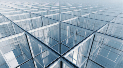 Obraz premium Geometric architecture featuring an infinite grid of identical transparent glass rooms arranged in a three dimensional matrix