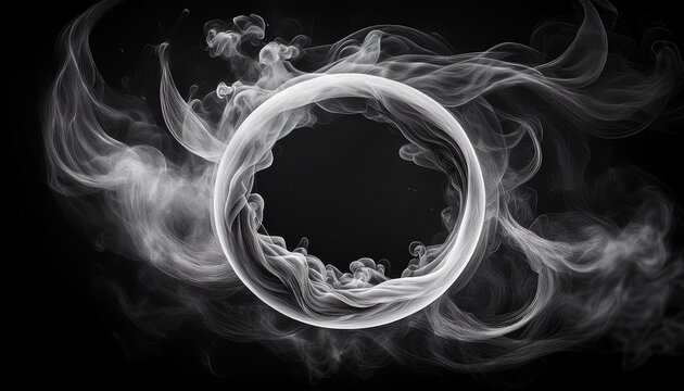ethereal grayscale smoke ring swirling gracefully against a dark void background