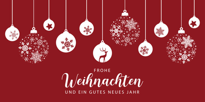red merry christmas card with hanging ball decoration vector illustration