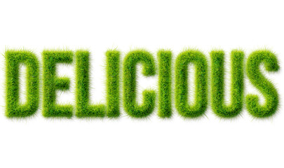 Delicious word rendered in realistic green grass texture typography isolated on transparent © Mahmud