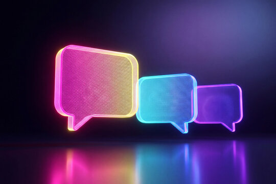 Glowing neon chat bubbles featuring vibrant gradient colors rendered in a modern three dimensional digital style